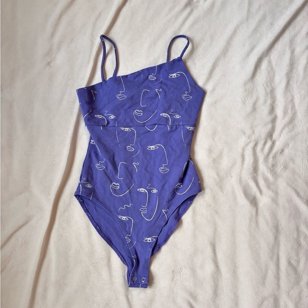 Forever 21 Periwinkle Asymmetrical Bodysuit with Face Line Art